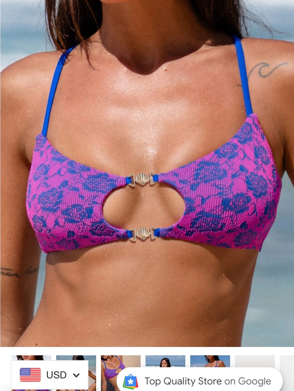 Berlook Rose Jacquard Cutout Bikini Top with Shell Accent in Pink & Blue